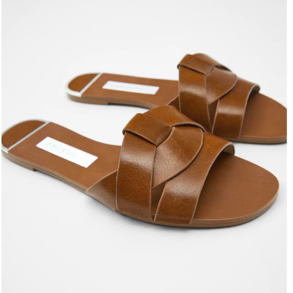 Zara size 40 brown cognac chestnut faux leather slides sandals - Picture 3 of 9